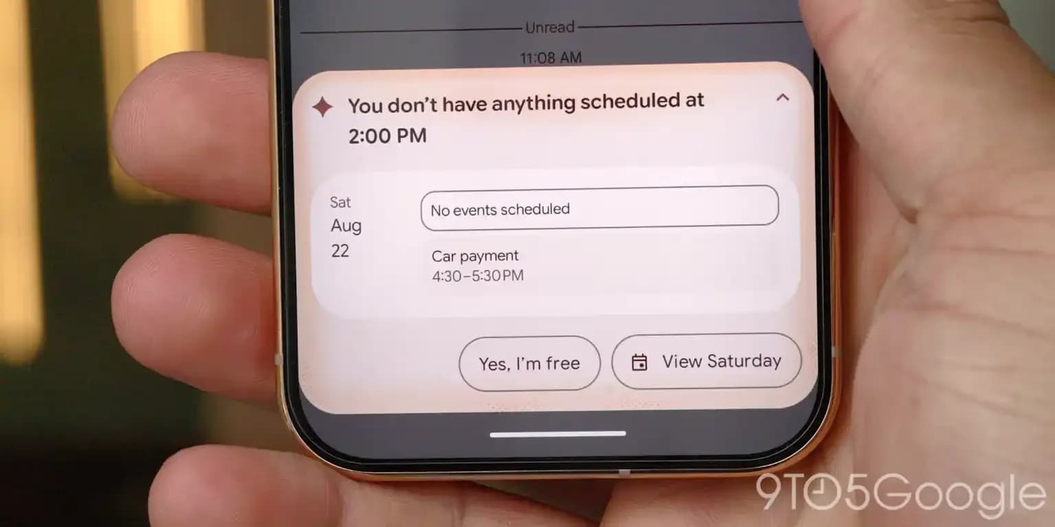 Pixel 11 Pro showing a Gemini intelligence bottom sheet with calendar availability and a one-tap reply that the user is free
