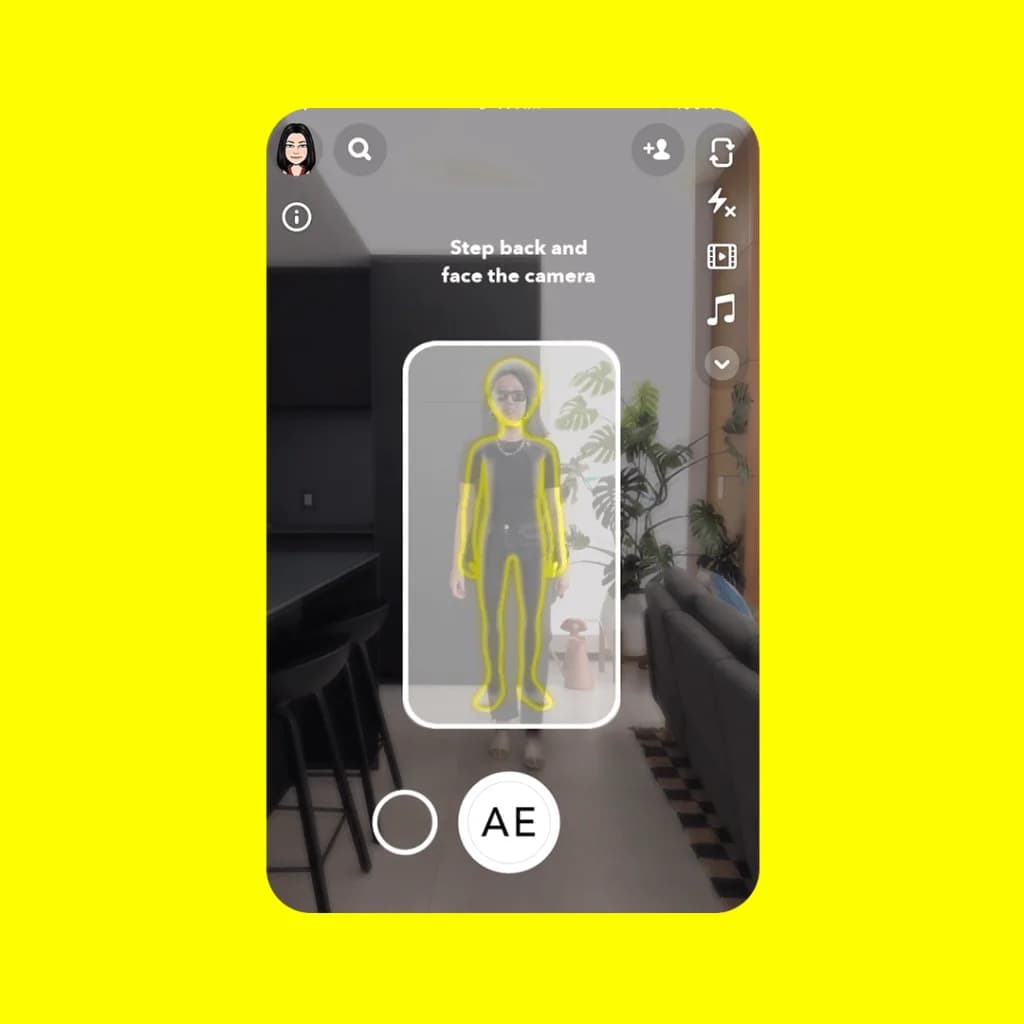 Snapchat camera showing American Eagle's full-body virtual try-on, with an outline guiding the shopper to step back and face the camera