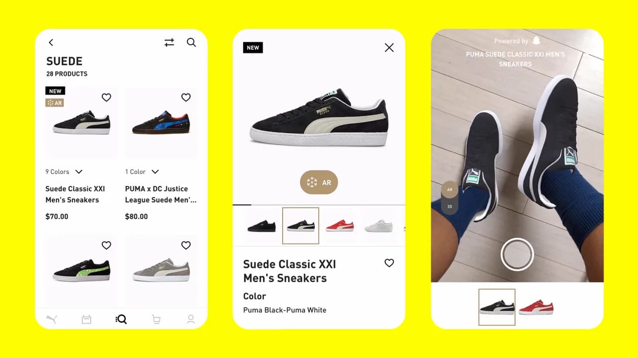 Three phone screens of the Puma app: browsing Suede sneakers, a product page with an AR button, and a live AR try-on of the sneakers on the shopper's feet, powered by Snap